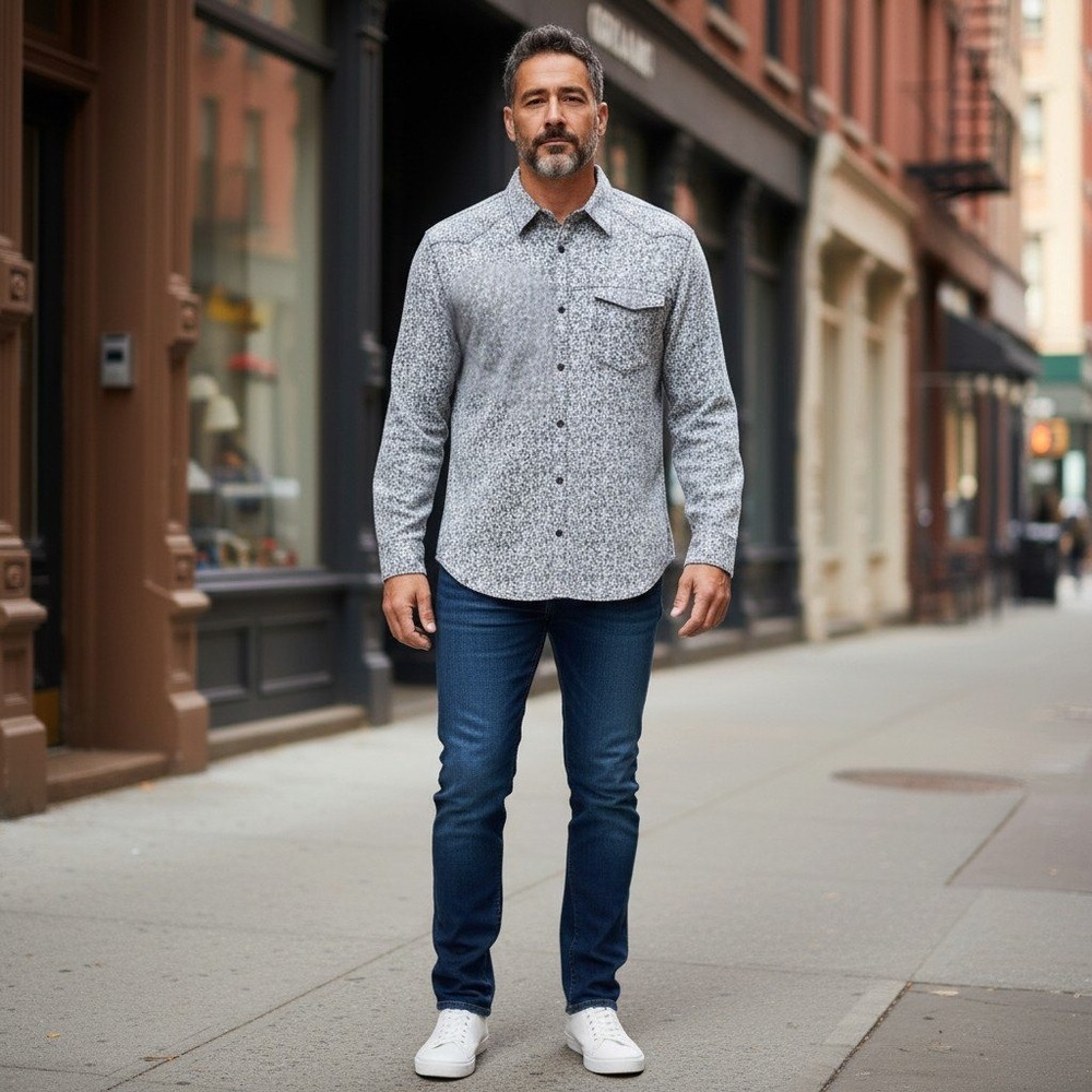 Calvin Klein Jeans Mens XL Gray White Static Print Cotton Button Down Shirt